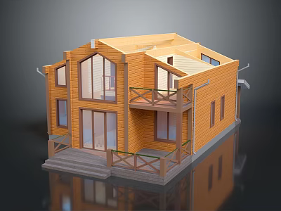 Cartoon Style Wooden House with Large Windows Balcony Staircase and Cozy Porch 3d model