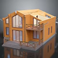Cartoon Style Wooden House with Large Windows Balcony Staircase and Cozy Porch