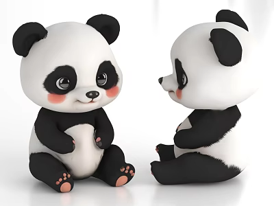 Two Cute Panda Dolls with Big Eyes Blush Sitting Pose and Black White Design 3d model