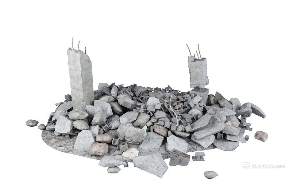 Natural Stone And Wood Building Materials With Reinforced Pillars And Debris Pile 3d model 