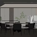 Modern Restaurant Interior With Round Dining Table Gray Chairs Green Plant And Striped Wall