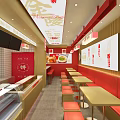Modern Restaurant Interior Design With Red Seats Wooden Walls And Display Cases