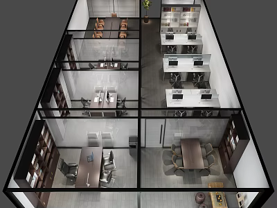 Birds Eye View of Modern Office Interior With Workstations Meeting Tables And Glass Partitions 3d model