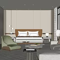 Modern Hotel Room Interior With Comfortable Bed Green Armchair Beige Sofa And Patterned Carpet