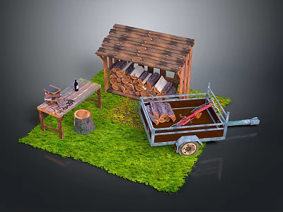 Rustic Outdoor Scene With Wooden Shed Stacked Logs Workbench Stump And Trailer On Green Grass 3d model
