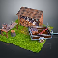 Rustic Outdoor Scene With Wooden Shed Stacked Logs Workbench Stump And Trailer On Green Grass