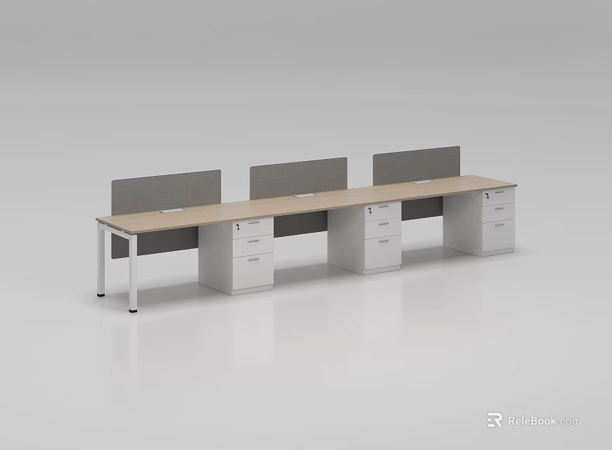 Modern Office Desk With Three Grey Dividers Light Top And White Drawers 3d model 