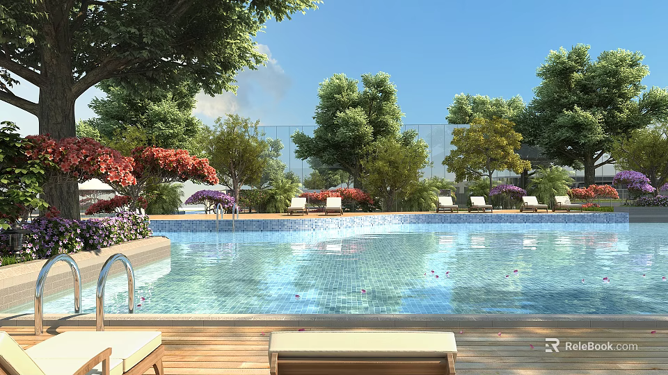 Beautiful Resort Garden Landscape With Spacious Swimming Pool Comfortable Lounge Chairs And Lush Green Trees 3d model 