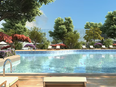 Beautiful Resort Garden Landscape With Spacious Swimming Pool Comfortable Lounge Chairs And Lush Green Trees 3d model