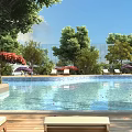 Beautiful Resort Garden Landscape With Spacious Swimming Pool Comfortable Lounge Chairs And Lush Green Trees