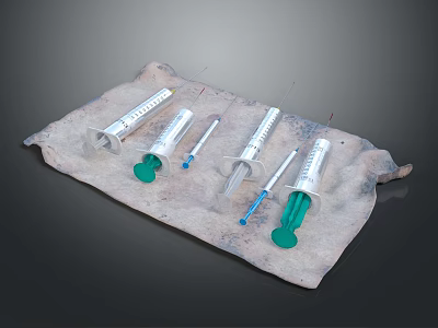 Assorted Medical Syringes Of Different Sizes With Green Plungers On Cloth 3d model