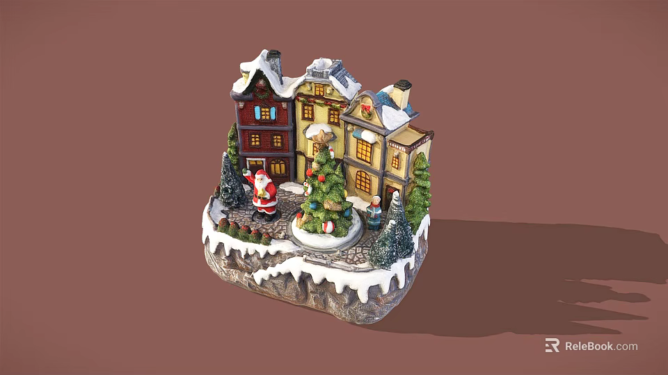 Cartoon Christmas Scene With Snowy Roof Houses Santa Claus Decorated Christmas Tree And Snowy Ground 3d model 