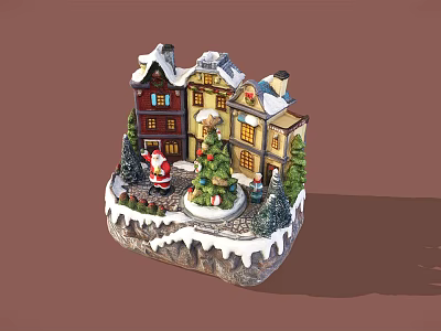 Cartoon Christmas Scene With Snowy Roof Houses Santa Claus Decorated Christmas Tree And Snowy Ground 3d model