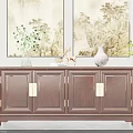 Elegant Dark Brown Console Cabinet With Gold Hardware Green Plants Deer Figurine And Paintings