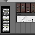 Modern Kitchen With Refrigerator Freezer Marble Countertop Wine Storage And Dish Cabinet Lighting