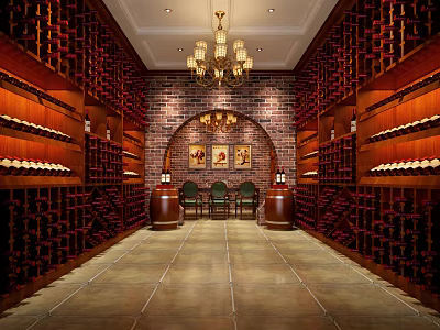 Elegant Wine Cellar Featuring Brick Wall Chandelier Wine Racks Barrels And Chairs 3d model