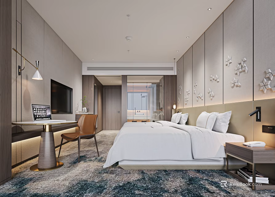 Modern Hotel Guest Room Interior With White Bedding Bed Desk Chair And TV 3d model 