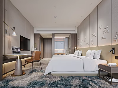 Modern Hotel Guest Room Interior With White Bedding Bed Desk Chair And TV 3d model