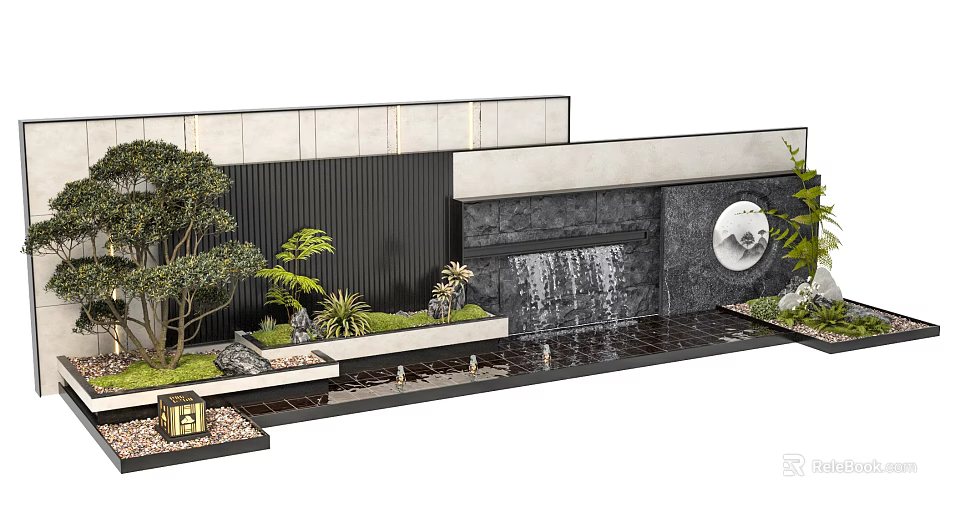 Modern Scenic Feature Wall With Waterfall Green Plants And Circular Ornament 3d model 