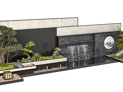 Modern Scenic Feature Wall With Waterfall Green Plants And Circular Ornament 3d model