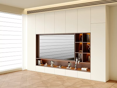 Modern TV Wall With White Cabinetry Embedded TV Display Shelf Decorations And Bright Window Lighting 3d model