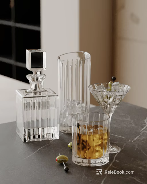 Decorative Glass Ornament Set With Square Decanter Striped Vase And Martini Glass 3d model 