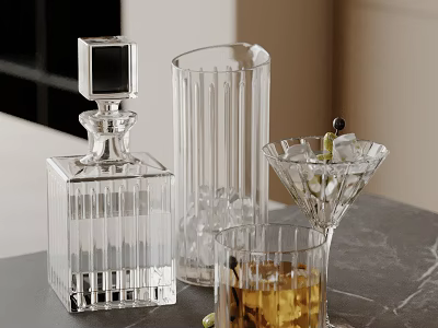 Decorative Glass Ornament Set With Square Decanter Striped Vase And Martini Glass 3d model
