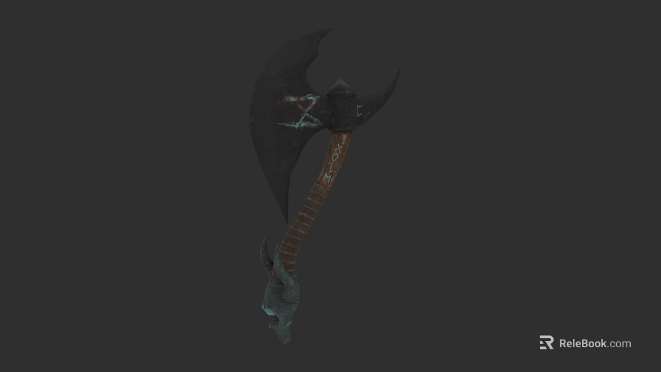 Fantasy Battle Axe Weapon With Leather Wrapped Handle And Skull Head Decoration 3d model 