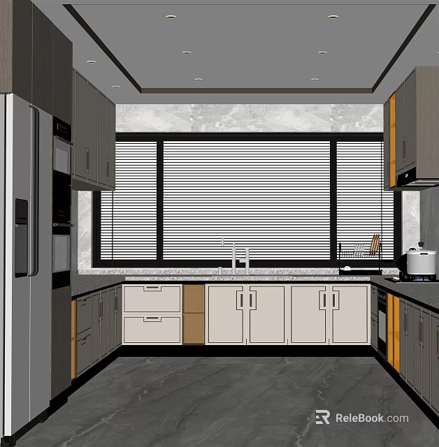 Modern Kitchen Interior Design With Window Blinds Light And Dark Cabinets Countertop Sink 3d model 
