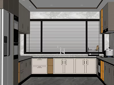 Modern Kitchen Interior Design With Window Blinds Light And Dark Cabinets Countertop Sink 3d model