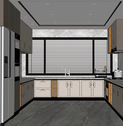 Modern Kitchen Interior Design With Window Blinds Light And Dark Cabinets Countertop Sink 3d model