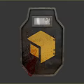 Tactical Metal Shield Weapon With Yellow Geometric Design Red Bloodstains And Transparent Viewing Window
