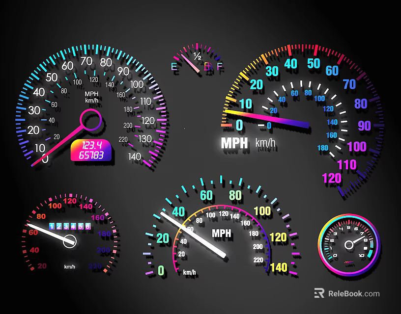 Car Dashboard Gauges With Speedometer Tachometer And Neon Color Displays 3d model 