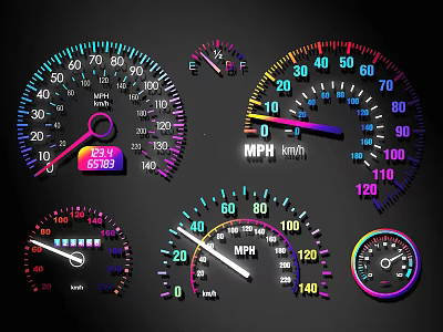 Car Dashboard Gauges With Speedometer Tachometer And Neon Color Displays 3d model