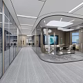 Spacious Modern Office Corridor With Glass Partitions And Ceiling Light Strips 3d model