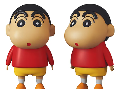 Cute Cartoon Dolls With Red Shirts Yellow Shorts Black Hair And Surprised Expressions 3d model