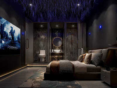 Modern SPA Sauna Retreat With Bed TV Stone Walls Round Mirror And Vanity 3d model