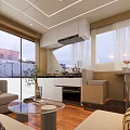 Modern Elegant Living Room Interior With Beige Sofa Wooden Floor Large Windows And TV