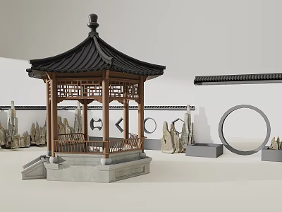 Traditional Chinese Style Pavilion With Black Roof Wooden Structure Rock Formations And Circular Decorations 3d model