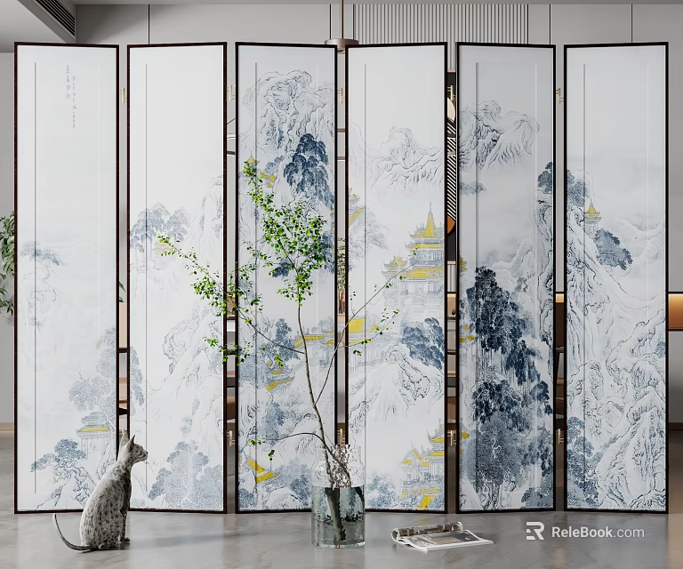 Traditional Chinese Landscape Multi Panel Screen With Black Frame And Indoor Green Plants 3d model 