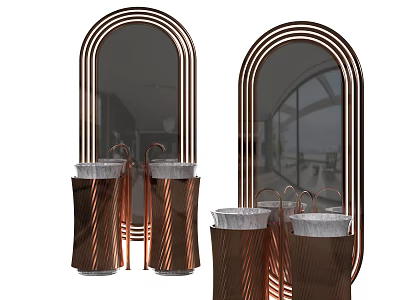 Stylish Bathroom Vanity With Copper Containers Arched Mirrors And Sink Holders 3d model