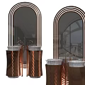 Stylish Bathroom Vanity With Copper Containers Arched Mirrors And Sink Holders
