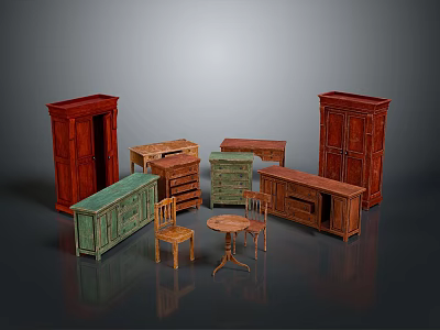 Vintage Storage Cabinets Collection With Red Green Wooden Drawer Units And Tall Cabinets 3d model