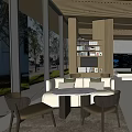 Modern Lounge Area With Cream Sofa Round Coffee Table Armchairs Bookshelf And Large Windows