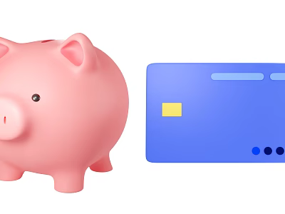 Pink Piggy Bank and Blue Credit Card as Essential Daily Living Supplies 3d model