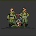 Two Characters In Green Uniforms Standing With Colorful Mushrooms And Plants
