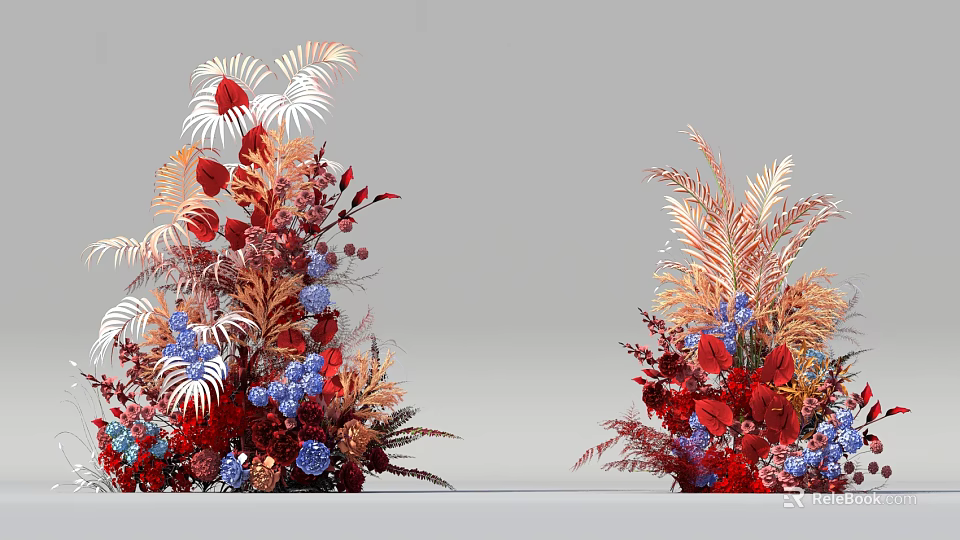 Floral Art Display With Red Blue Orange Blooms And Decorative Foliage 3d model 