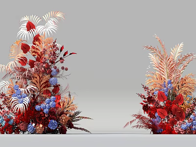 Floral Art Display With Red Blue Orange Blooms And Decorative Foliage 3d model