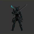 Cyber Warrior In Armored Suit With Glowing Dual Swords On Metallic Platform