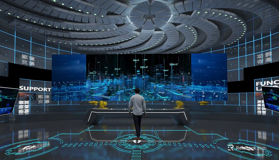 Futuristic Control Room with Man at Console Data Streams Illuminated Floor and Spiral Ceiling 3d model